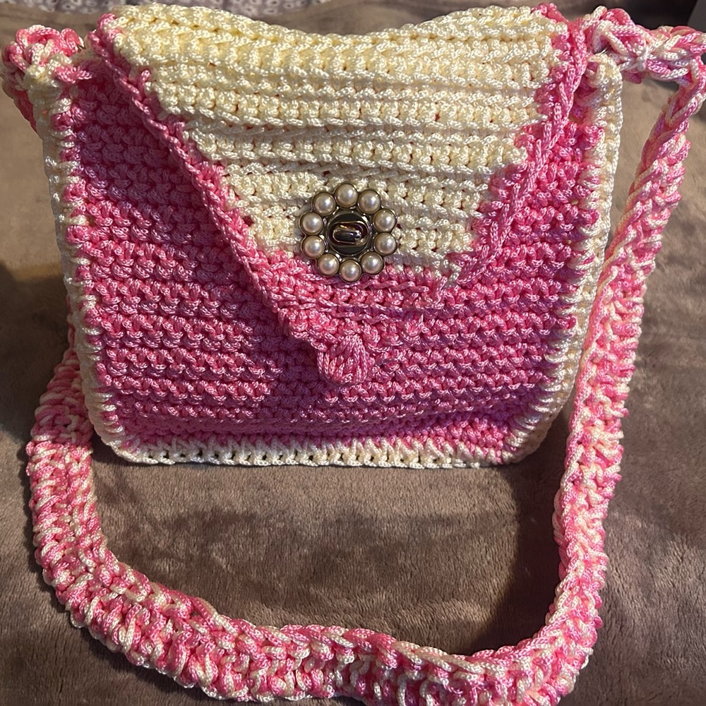 Elegant Pink and Cream Crochet Crossbody Bag